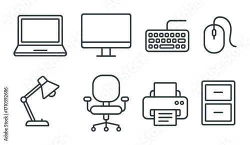 Set of office equipment icons: laptop, monitor, keyboard, mouse, desk lamp, chair, printer, filing cabinet