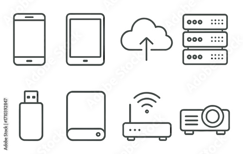 Outlined gray technology icons: smartphone, tablet, cloud, server, usb, hard drive, router, projector