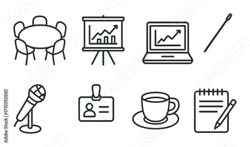 Office items icons set featuring laptop, charts, microphone, and notepad