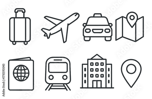 Travel icons set featuring airplane, suitcase, taxi, map, passport, train, hotel, and location pin