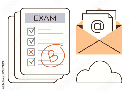 Graded exam papers with checkmarks, cross marks, and a B score next to an open email envelope and cloud. Ideal for education, online results, feedback, assessment, communication, e-learning simple