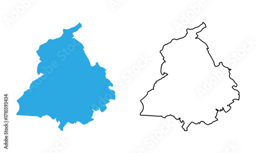 Map of the state of Punjab, India. Map with detailed outlines and blue silhouettes