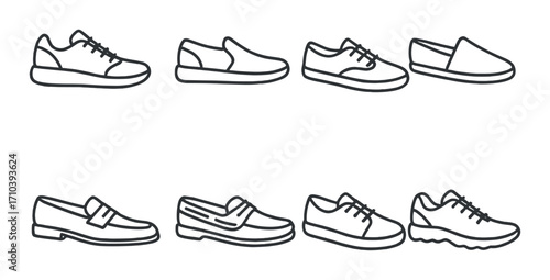 Black and gray assorted men's shoe silhouettes on gradient background