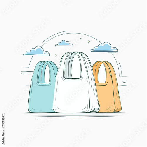 Reusable Shopping Bags Eco Friendly Line Art Illustration