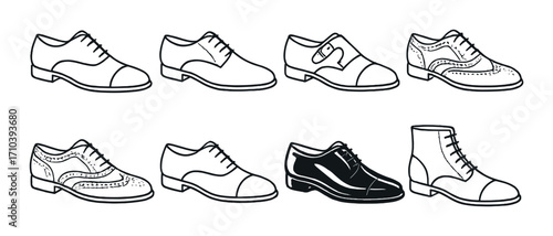 Variety of stylish men's dress shoes on gray background