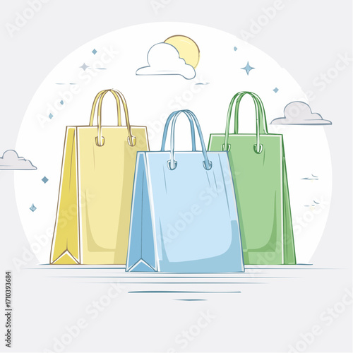 Pastel Shopping Bags Under Sunny Sky Illustration
