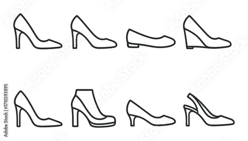 Women's shoe silhouettes collection featuring pumps, flats, ankle boots, wedges, outlined on gradient background