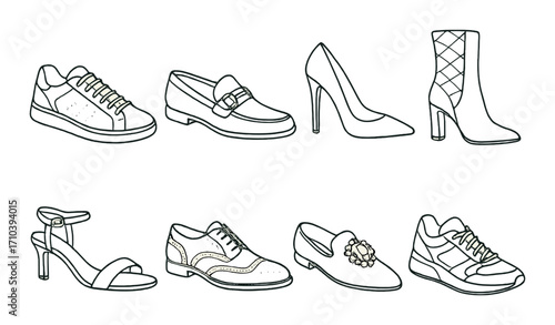 Collection of stylish men's and women's shoes: sneakers, boots, heels, loafers on brown background