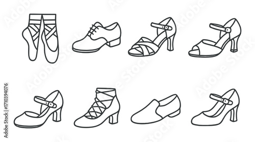 Collection of eight different dance shoes on dark background