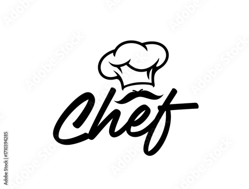 Chef cook toque icon. Vector minimalist black and white restaurant cooking and culinary label featuring hat and mustaches above the elegant handwritten word chef. Modern hospitality service emblem