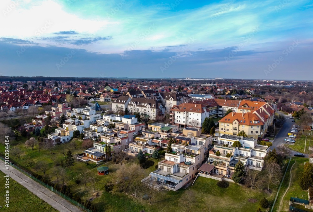 Obraz premium Aerial view of Dunaújváros skyline with Bagolyvár and Danube 