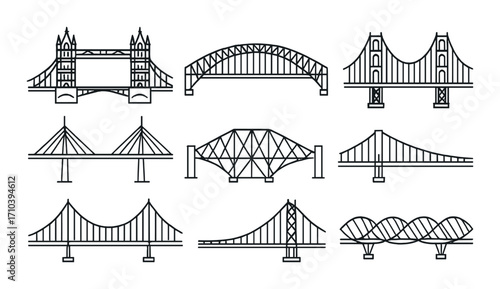 Outline illustrations of iconic bridge structures on dark background