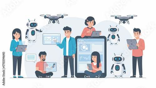 People interact with robots and drones using tablets and laptops in a modern workspace, showcasing technological advancement and collaboration in a bright and optimistic scene.