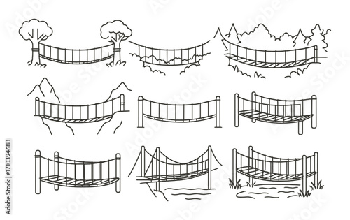 Illustrated collection of nine unique wooden suspension bridges in natural landscapes