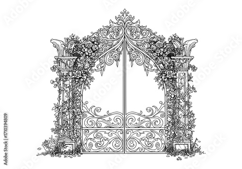 Enchanting floral gate with intricate swirl design, perfect for garden entrances, wedding invitations, and whimsical branding, originally a scalable vector graphic