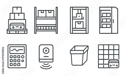 Storage and technology icons featuring boxes and devices on metal background