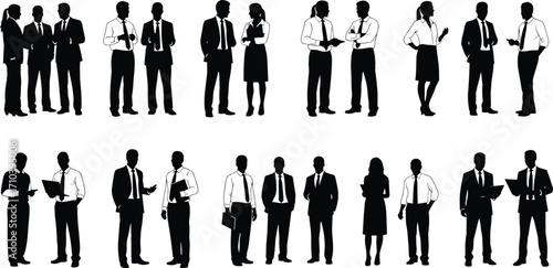 Business professionals silhouettes in formal attire standing, talking, presenting, and collaborating in corporate teamwork and communication concept vector illustration"