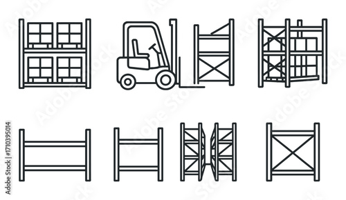 Warehouse equipment: forklift and storage racks illustrations