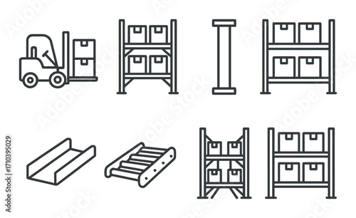 Warehouse storage solutions: forklift, shelves, and conveyor systems