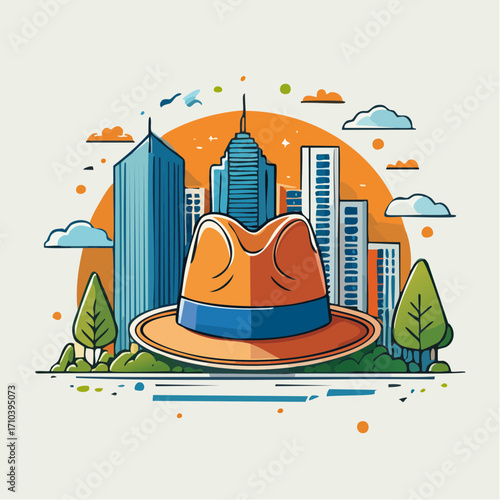 Orange Fedora Hat Cityscape Illustration