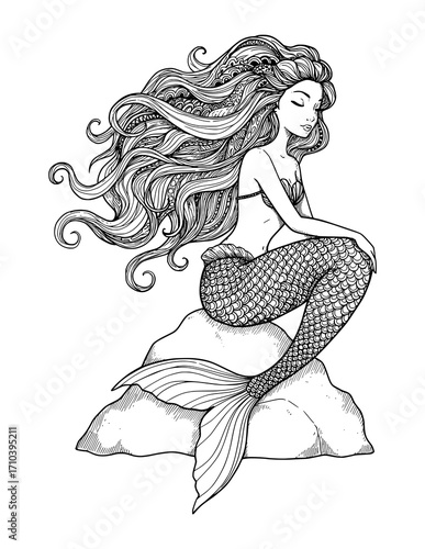 Serene mermaid with flowing detailed hair sitting on a rock, a stunning illustration for art, design, and fantasy projects with whimsical charm