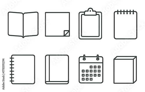 Minimalist icons of notebooks, clipboard, and calendar on textured background