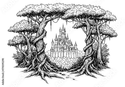 Enchanting fairytale castle nestled between ancient trees, evoking fantasy, wonder, and a sense of adventure, perfect for children's books and whimsical designs