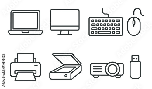 Tech gadgets outline: laptop, monitor, keyboard, mouse, printer, scanner, projector, usb