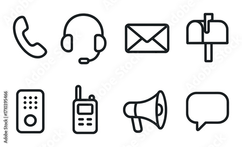 Communication icons set: phone, headset, email, mailbox, intercom, radio, megaphone, chat