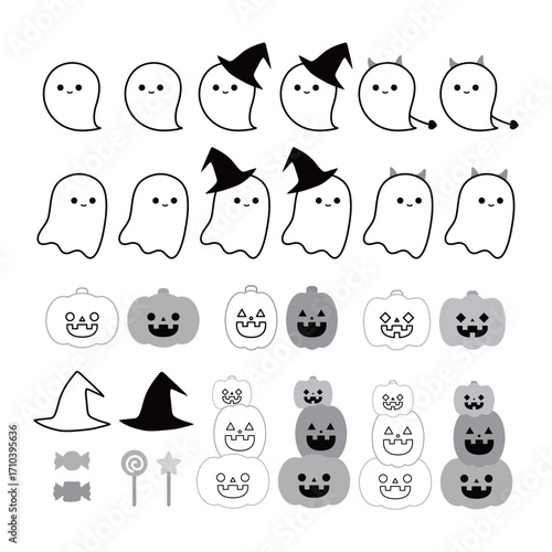 ハロウィンのおばけとかぼちゃのイラストセット(モノクロ)