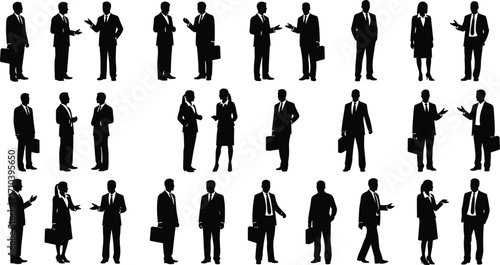 Business professionals silhouettes in formal attire standing, talking, presenting, and collaborating in corporate teamwork, leadership, and communication concept vector illustration"