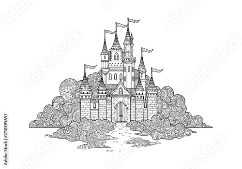 Enchanting fairytale castle illustration with detailed turrets, flags, and whimsical clouds, perfect for fantasy art, coloring books, and children's designs