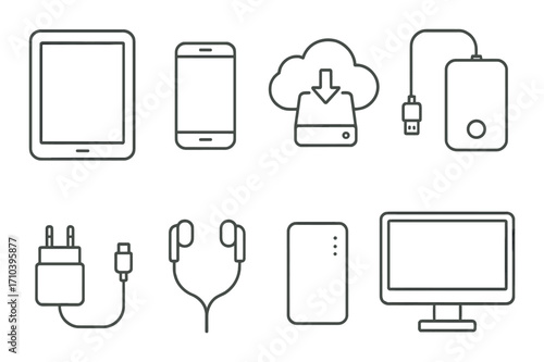 Electronic device icons: tablet, smartphone, cloud, charger, headphones, power bank, monitor