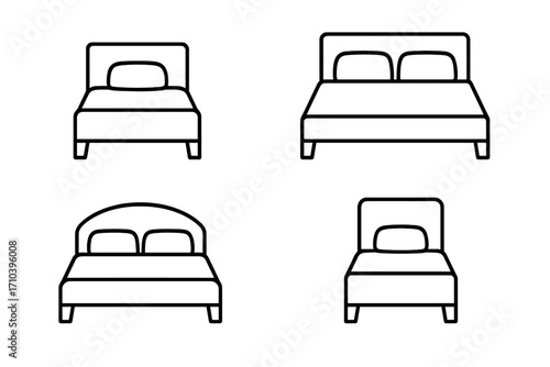 Bed icon set simple line art collection. Single and double bed outline symbols for sleep, rest, and hotel. Minimalist furniture vector for web, apps, and accommodation.