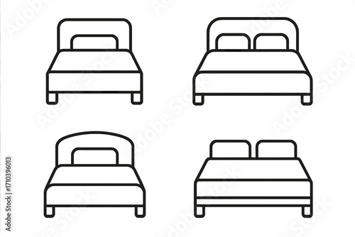 Bed icon set. Single and double bed line art. Simple outline furniture symbol for bedroom, hotel, booking app. Sleep, rest, relax concept. Editable stroke vector pictogram.