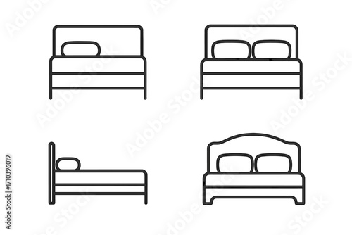 Bed icon set. Simple outline collection of single and double beds. Linear furniture symbols for bedroom, sleep, hotel, and booking apps. Editable stroke vector illustration.