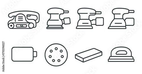 Collection of various sanding tools and attachments on metallic background