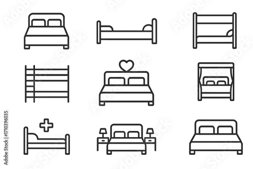 Bed and furniture thin line icon set. Editable stroke vector collection of bedroom symbols. Single, double, bunk, canopy and hospital bed pictogram for web or app design.