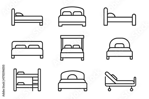 Bed thin line icon set. Furniture for bedroom, hotel and hospital. Single, double, bunk and canopy beds. Sleep symbol. Vector illustration editable stroke. Pictogram collection.