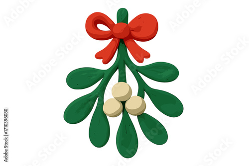Christmas mistletoe with red bow and berries. Festive holiday decoration in a naive, childish style. Handmade plasticine or clay art element. Isolated vector illustration.