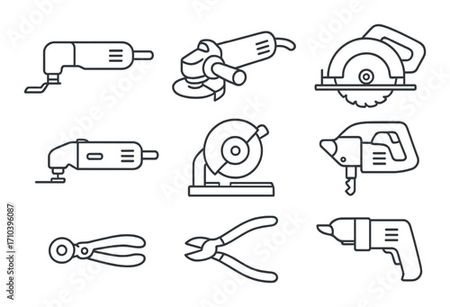 Outlined set of electric and manual power tools on distressed metal background
