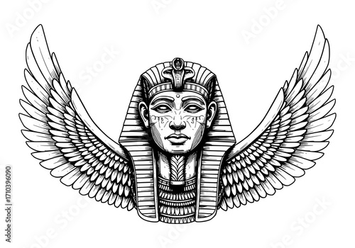 Ancient Egyptian pharaoh with majestic wings, a symbol of power, royalty, and divine authority, perfect for historic designs