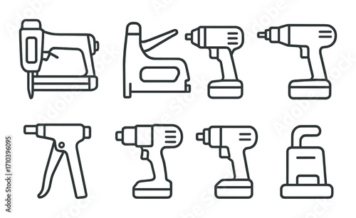 Outline icons of various electric power tools on dark background