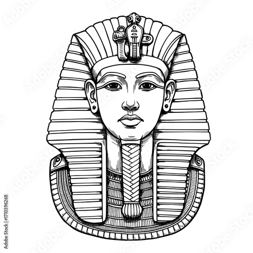 Detailed black and white illustration of Tutankhamun's death mask, showcasing ancient Egyptian artistry, perfect for historical and educational projects