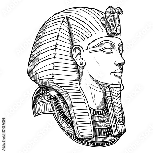 Detailed illustration of Pharaoh's bust with regal headdress and intricate details, perfect for historical projects and graphic design needs
