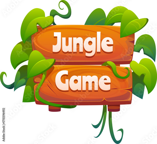 Jungle forest adventure sign, cartoon vector game title screen with bold wooden signboards surrounded by lush green tropical leaves and vines. Rainforest adventure interface menu element, popup banner