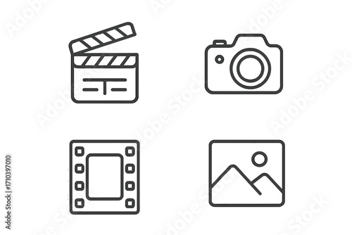 Cinema and media creation line icon set. Clapperboard, photo camera, filmstrip, picture gallery outline symbols. Editable stroke vector pictograms for UI, web, and app design.