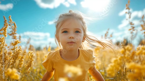 Happy little girl with a joyful smile enjoying the outdoors in a golden wheat field against a sunny sky