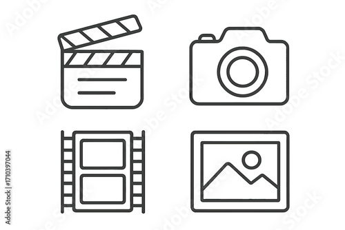 Movie and photography line icon set with editable stroke. Includes clapperboard, cinema film strip, camera, and picture gallery symbols. Vector outline pictograms for web and app design.