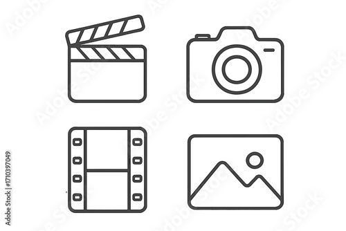 Cinema and photo line icon set. Clapperboard, camera, film strip, and picture icons. Movie production, photography, and video concept. Minimal vector pictogram with editable stroke.